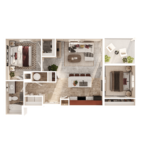 Floor plan for 2 beds, 1 bath, 743 sqft